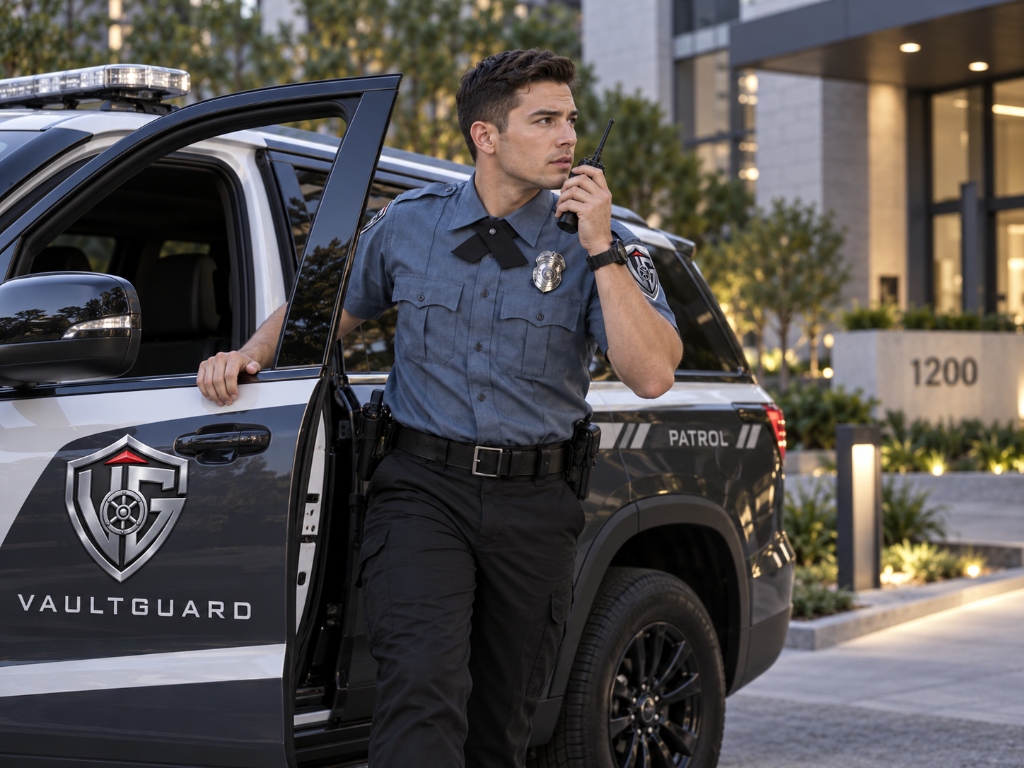 VaultGuard Mobile Patrol Officer Communicating with 24/7 Dispatch Beside Marked Cruiser