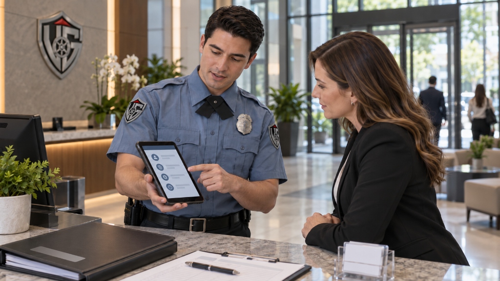 VaultGuard Unarmed Security Officer Reviewing Digital Activity Logs with Property Management